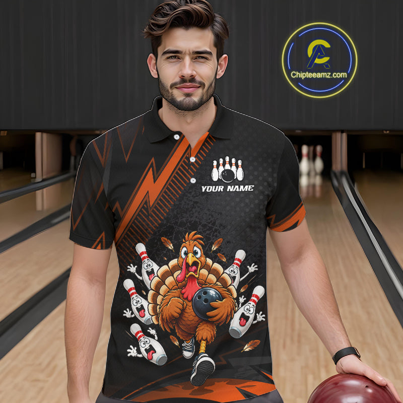 Custom Orange Funny Turkey Bowling Shirts For Men Thanksgiving Bowling Team Jerseys HNT596