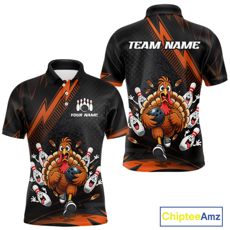 Custom Orange Funny Turkey Bowling Shirts For Men Thanksgiving Bowling Team Jerseys HNT596