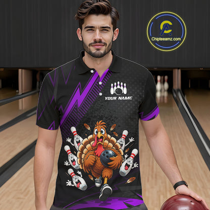 Custom Purple Funny Turkey Bowling Shirts For Men Thanksgiving Bowling Team Jerseys HNT596