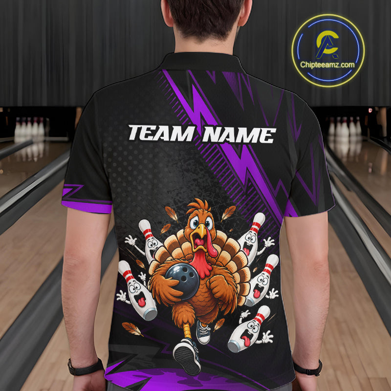 Custom Purple Funny Turkey Bowling Shirts For Men Thanksgiving Bowling Team Jerseys HNT596
