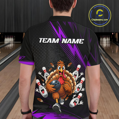 Custom Purple Funny Turkey Bowling Shirts For Men Thanksgiving Bowling Team Jerseys HNT596
