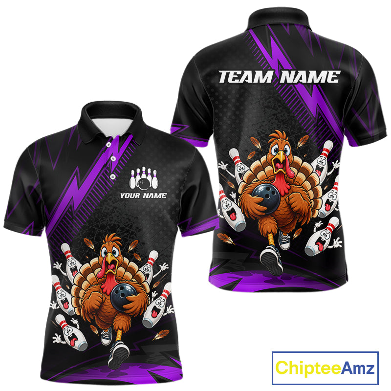 Custom Purple Funny Turkey Bowling Shirts For Men Thanksgiving Bowling Team Jerseys HNT596