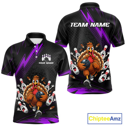 Custom Purple Funny Turkey Bowling Shirts For Men Thanksgiving Bowling Team Jerseys HNT596