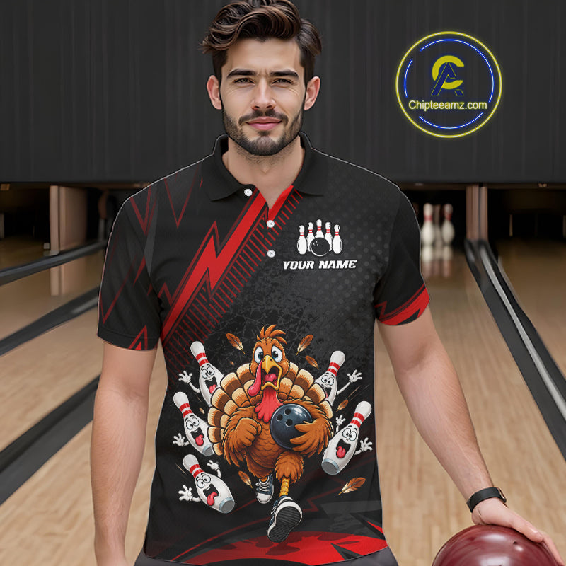 Custom Red Funny Turkey Bowling Shirts For Men Thanksgiving Bowling Team Jerseys HNT596