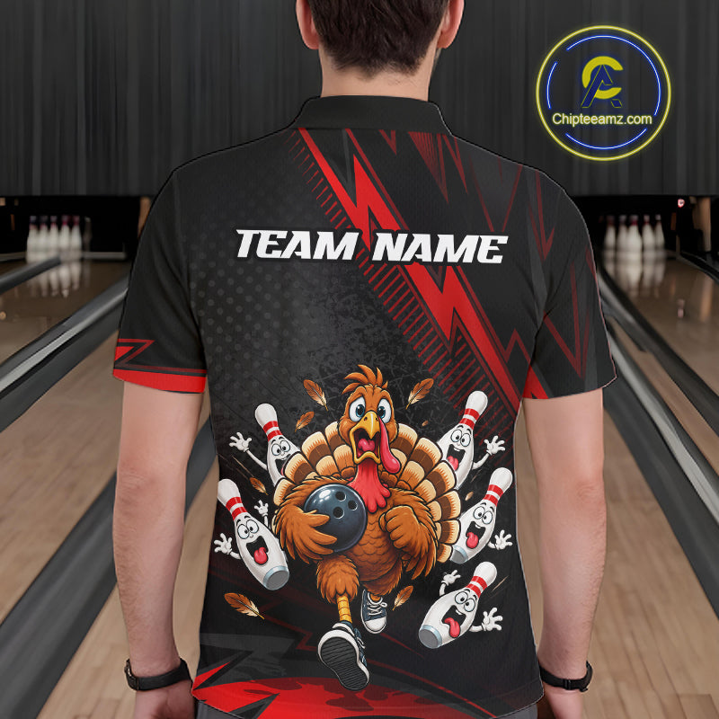 Custom Red Funny Turkey Bowling Shirts For Men Thanksgiving Bowling Team Jerseys HNT596