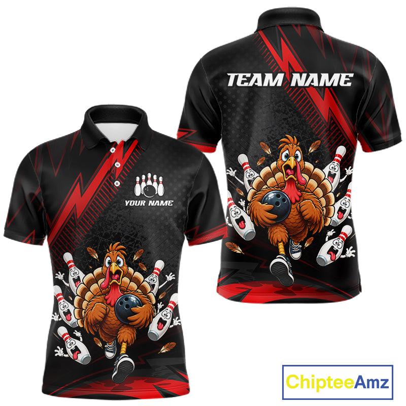 Custom Red Funny Turkey Bowling Shirts For Men Thanksgiving Bowling Team Jerseys HNT596