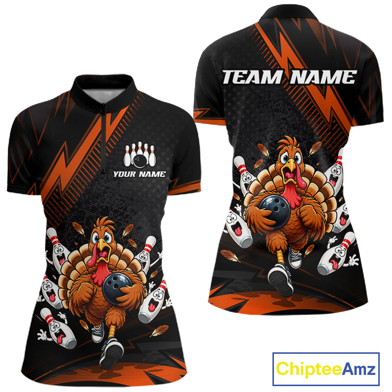 Custom Orange Funny Turkey Bowling Shirts For Women Thanksgiving Bowling Team Jerseys HNT596