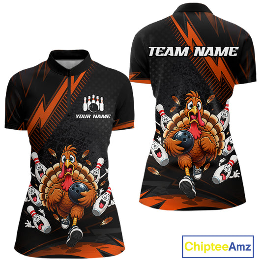 Custom Orange Funny Turkey Bowling Shirts For Women Thanksgiving Bowling Team Jerseys HNT596