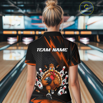 Custom Orange Funny Turkey Bowling Shirts For Women Thanksgiving Bowling Team Jerseys HNT596