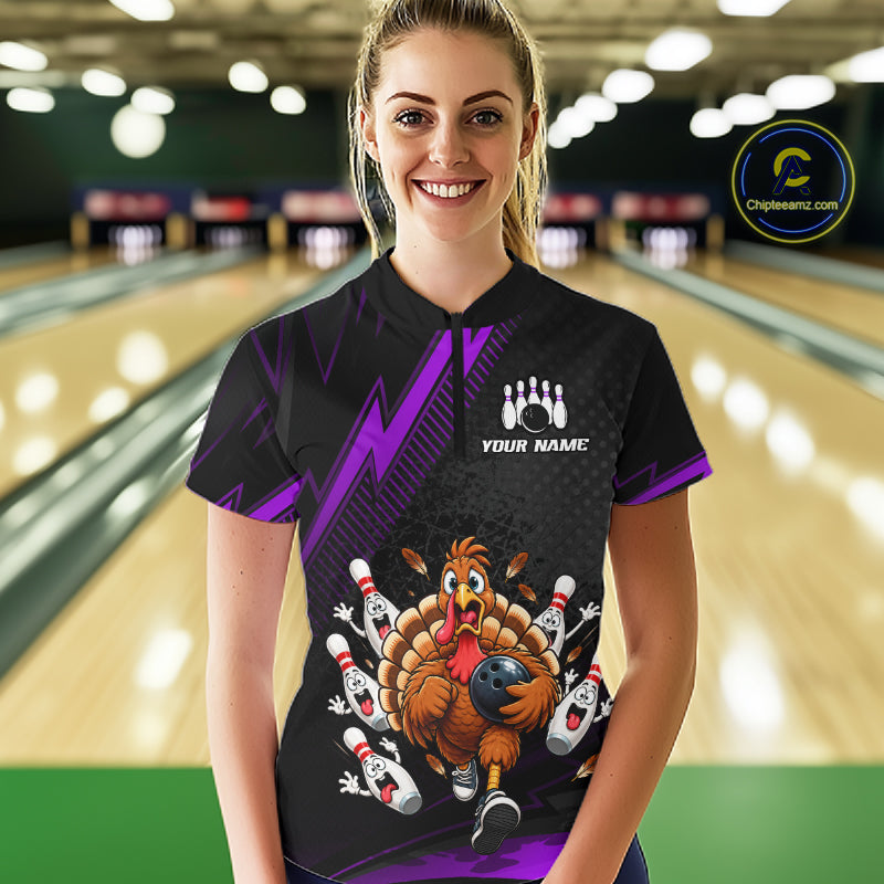 Custom Purple Funny Turkey Bowling Shirts For Women Thanksgiving Bowling Team Jerseys HNT596
