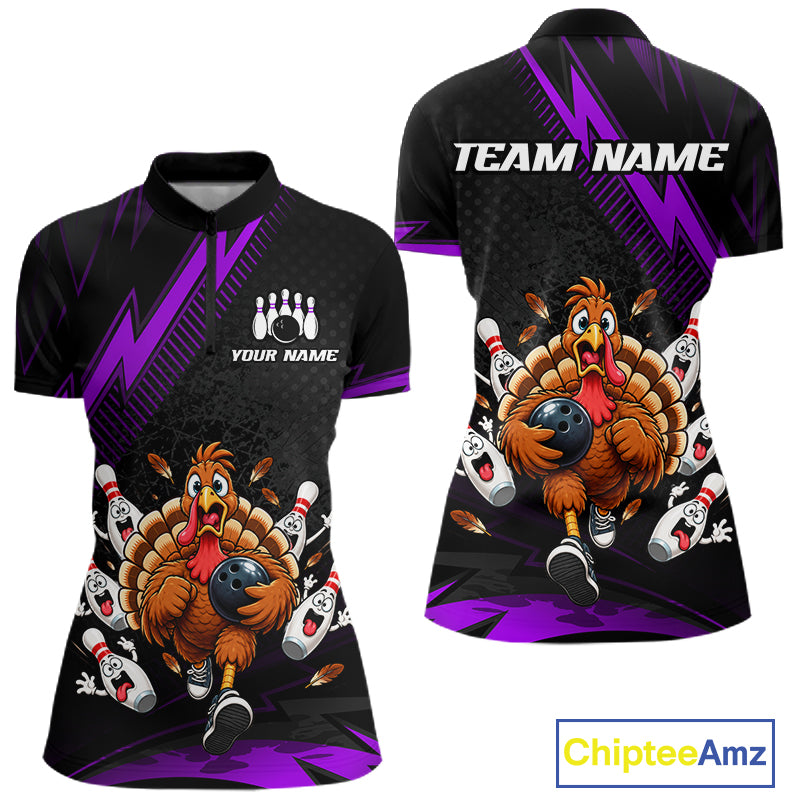 Custom Purple Funny Turkey Bowling Shirts For Women Thanksgiving Bowling Team Jerseys HNT596