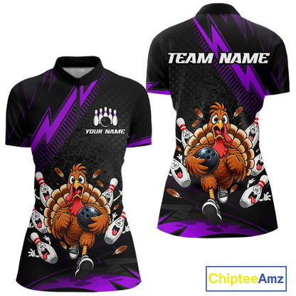 Custom Purple Funny Turkey Bowling Shirts For Women Thanksgiving Bowling Team Jerseys HNT596