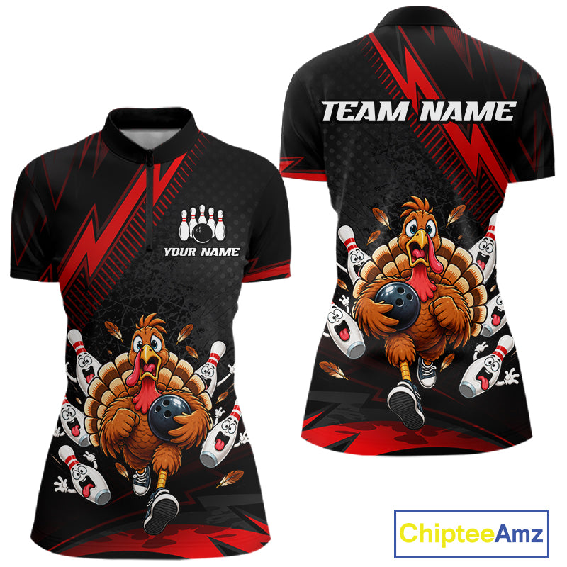 Custom Red Funny Turkey Bowling Shirts For Women Thanksgiving Bowling Team Jerseys HNT596