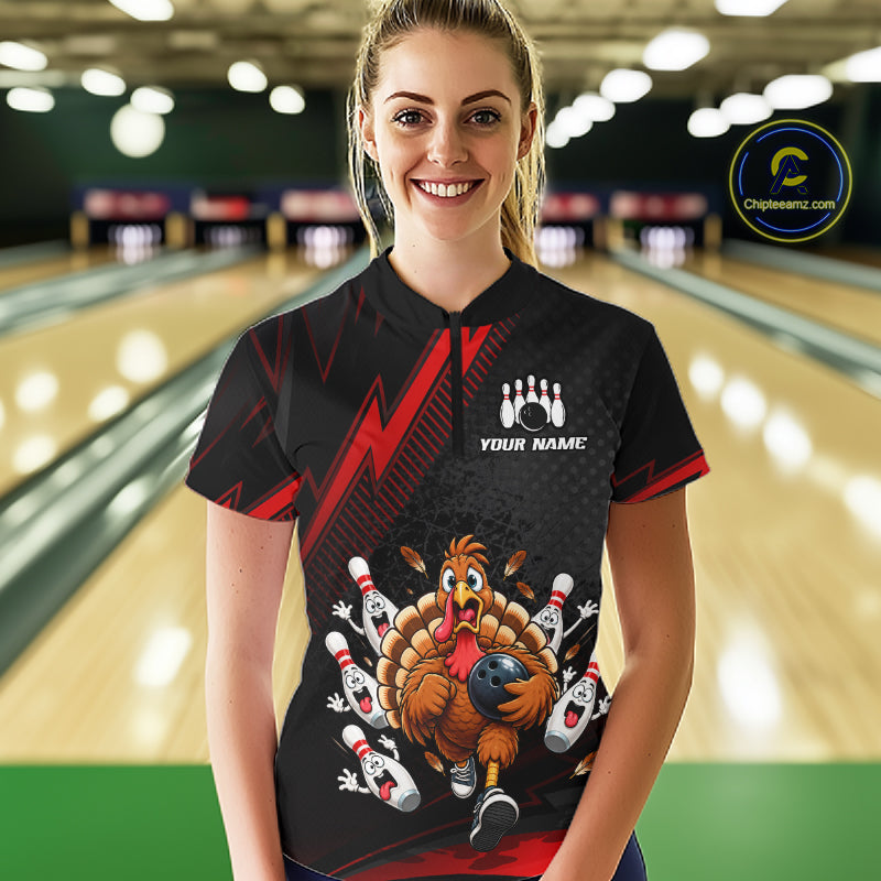 Custom Red Funny Turkey Bowling Shirts For Women Thanksgiving Bowling Team Jerseys HNT596