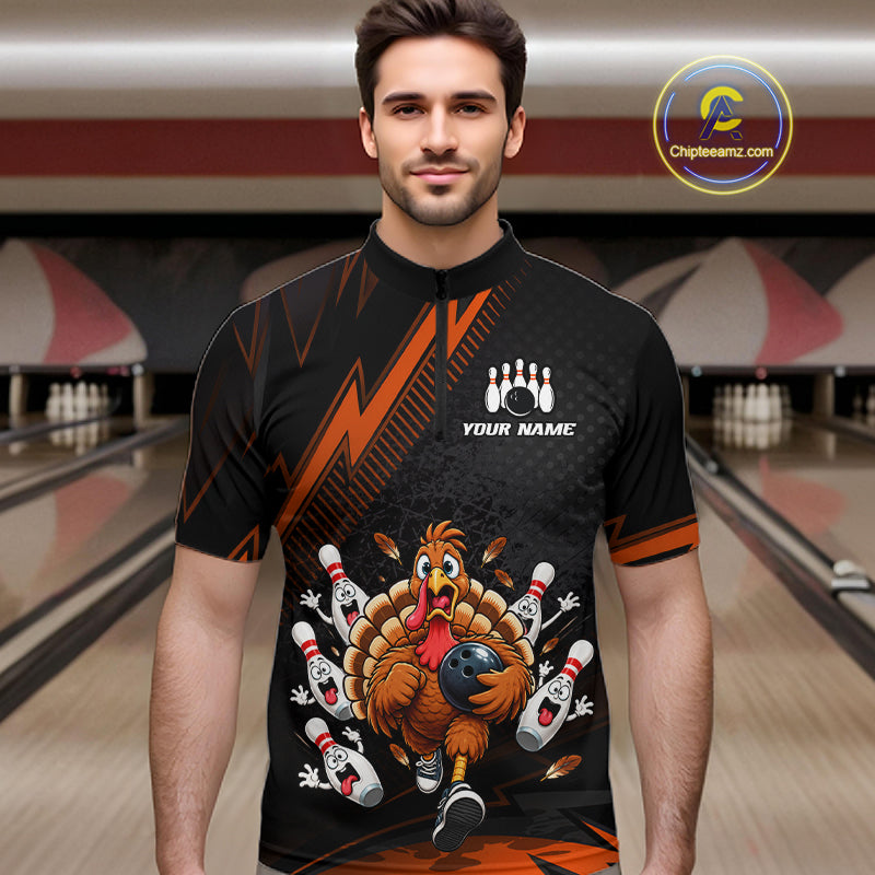 Custom Orange Funny Turkey Bowling Shirts For Men Thanksgiving Bowling Team Jerseys HNT596