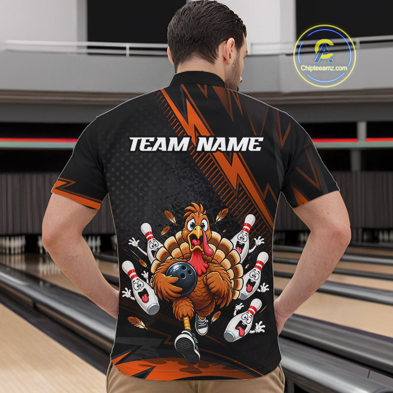 Custom Orange Funny Turkey Bowling Shirts For Men Thanksgiving Bowling Team Jerseys HNT596