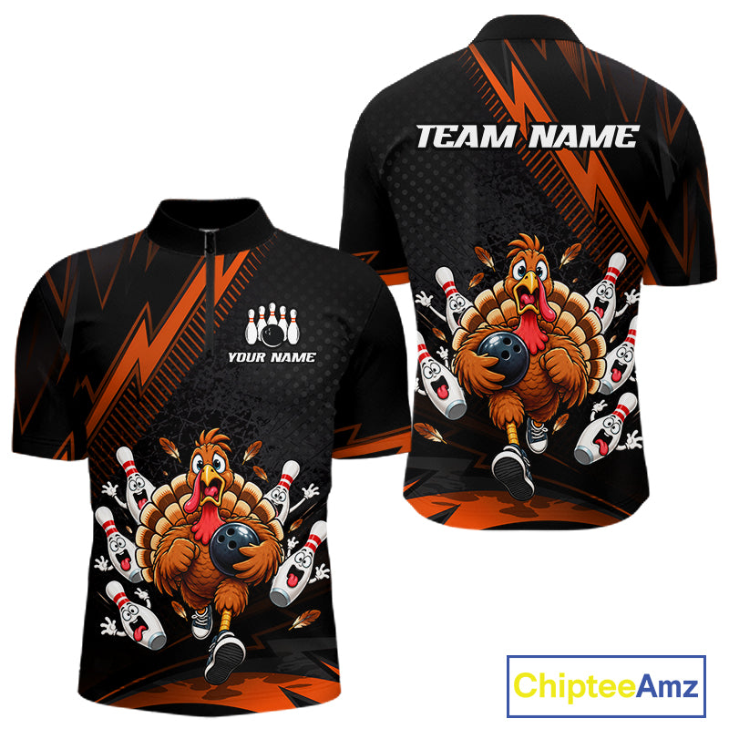 Custom Orange Funny Turkey Bowling Shirts For Men Thanksgiving Bowling Team Jerseys HNT596
