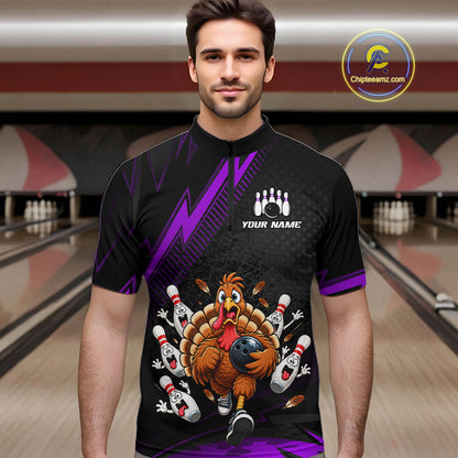 Custom Purple Funny Turkey Bowling Shirts For Men Thanksgiving Bowling Team Jerseys HNT596