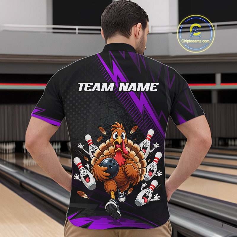 Custom Purple Funny Turkey Bowling Shirts For Men Thanksgiving Bowling Team Jerseys HNT596