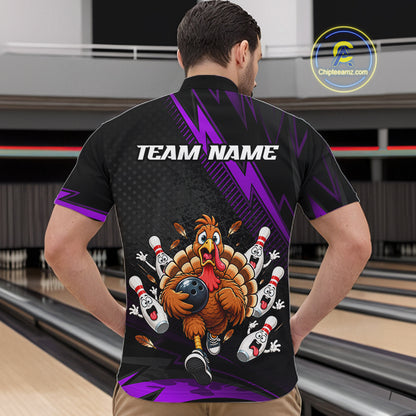Custom Purple Funny Turkey Bowling Shirts For Men Thanksgiving Bowling Team Jerseys HNT596