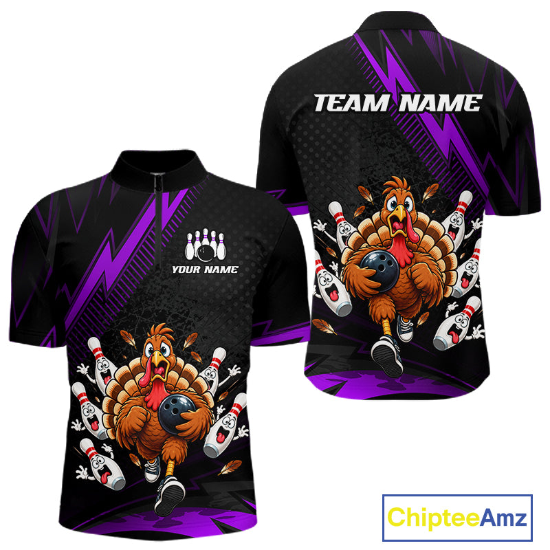 Custom Purple Funny Turkey Bowling Shirts For Men Thanksgiving Bowling Team Jerseys HNT596