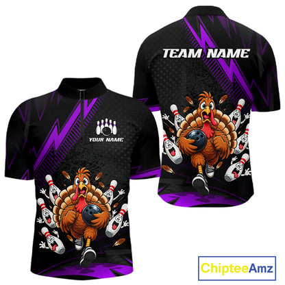 Custom Purple Funny Turkey Bowling Shirts For Men Thanksgiving Bowling Team Jerseys HNT596