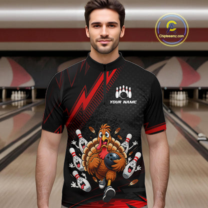 Custom Red Funny Turkey Bowling Shirts For Men Thanksgiving Bowling Team Jerseys HNT596