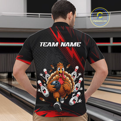 Custom Red Funny Turkey Bowling Shirts For Men Thanksgiving Bowling Team Jerseys HNT596