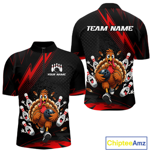 Custom Red Funny Turkey Bowling Shirts For Men Thanksgiving Bowling Team Jerseys HNT596