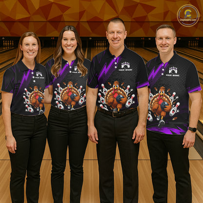 Custom Purple Funny Turkey Bowling Shirts For Women Thanksgiving Bowling Team Jerseys HNT596