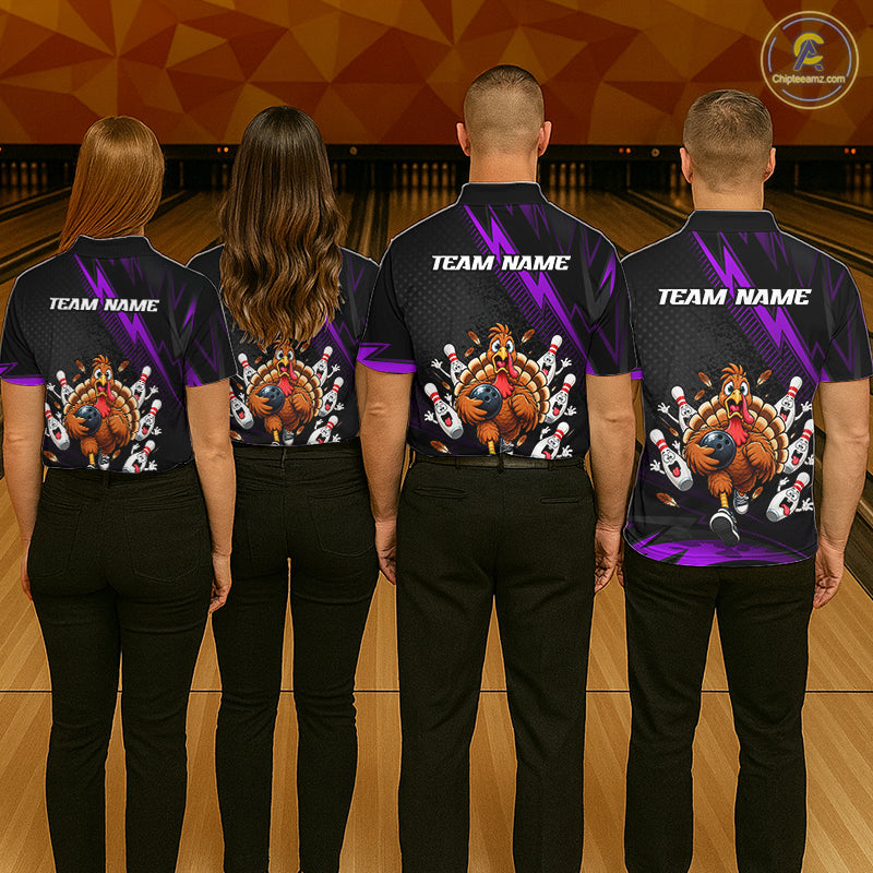 Custom Purple Funny Turkey Bowling Shirts For Women Thanksgiving Bowling Team Jerseys HNT596