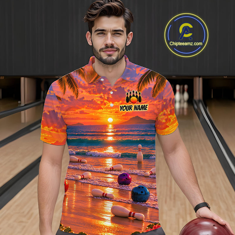 Custom Tropical Sunset Bowling Team Jersey Bowling Shirts for Men Bowling League for Bowler HNT666