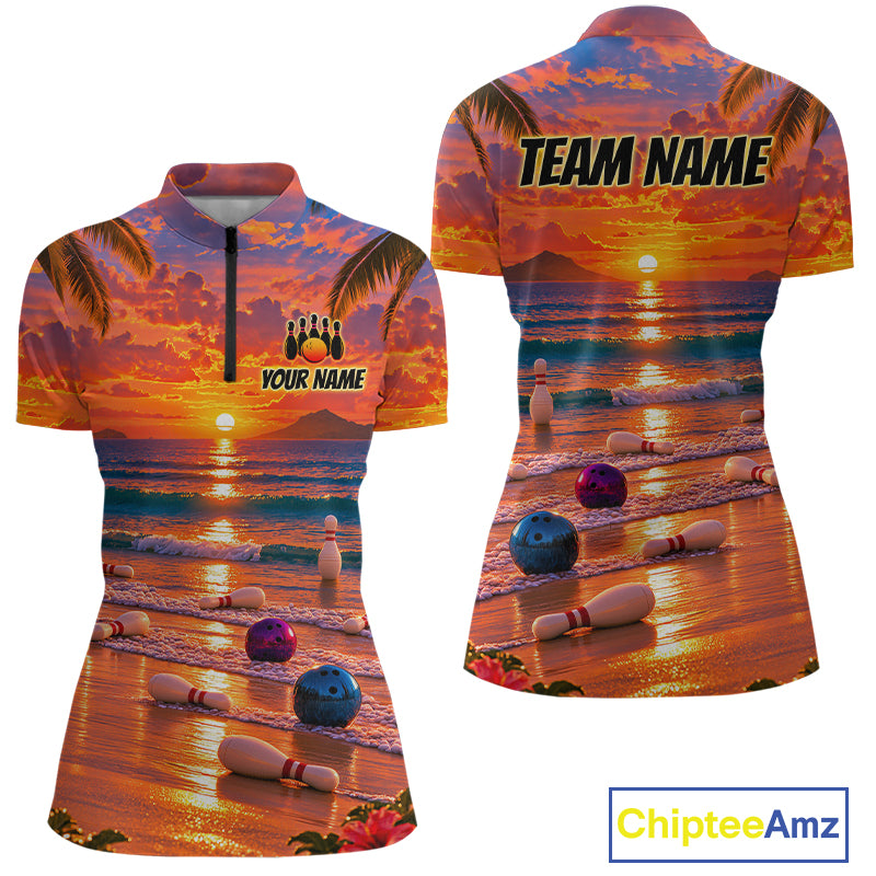 Custom Tropical Sunset Bowling Team Jersey Bowling Shirts for Women Bowling League for Bowler HNT666