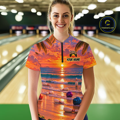 Custom Tropical Sunset Bowling Team Jersey Bowling Shirts for Women Bowling League for Bowler HNT666