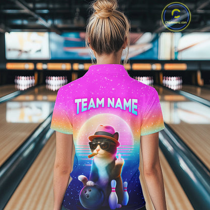 Custom Funny Cat Bowling Shirt for Women Retro Wave Bowling Team Jersey Polo & 1/4 Zip HNT200