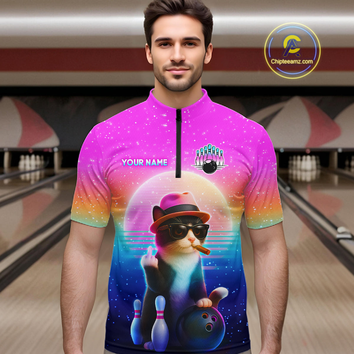 Custom Funny Cat Bowling Shirt for Men Retro Wave Bowling Team Jersey Polo & 1/4 Zip HNT200