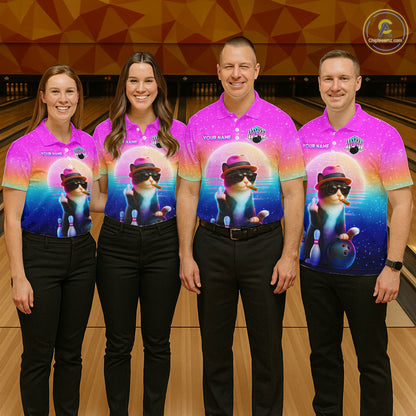 Custom Funny Cat Bowling Shirt for Men Retro Wave Bowling Team Jersey Polo & 1/4 Zip HNT200