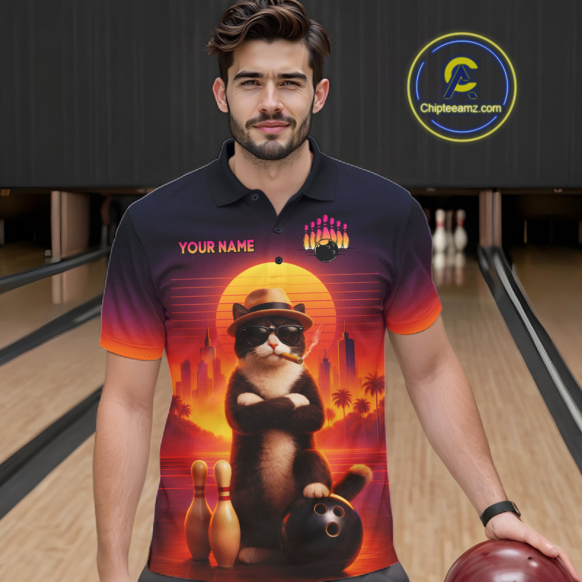Custom Funny Cat Retro Bowling Jersey for Men Bowling Polo & 1/4 Zip Bowling Team Shirts HNT199
