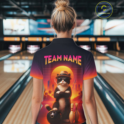 Custom Funny Cat Retro Bowling Jersey for Women Bowling Polo & 1/4 Zip Bowling Team Shirts HNT199