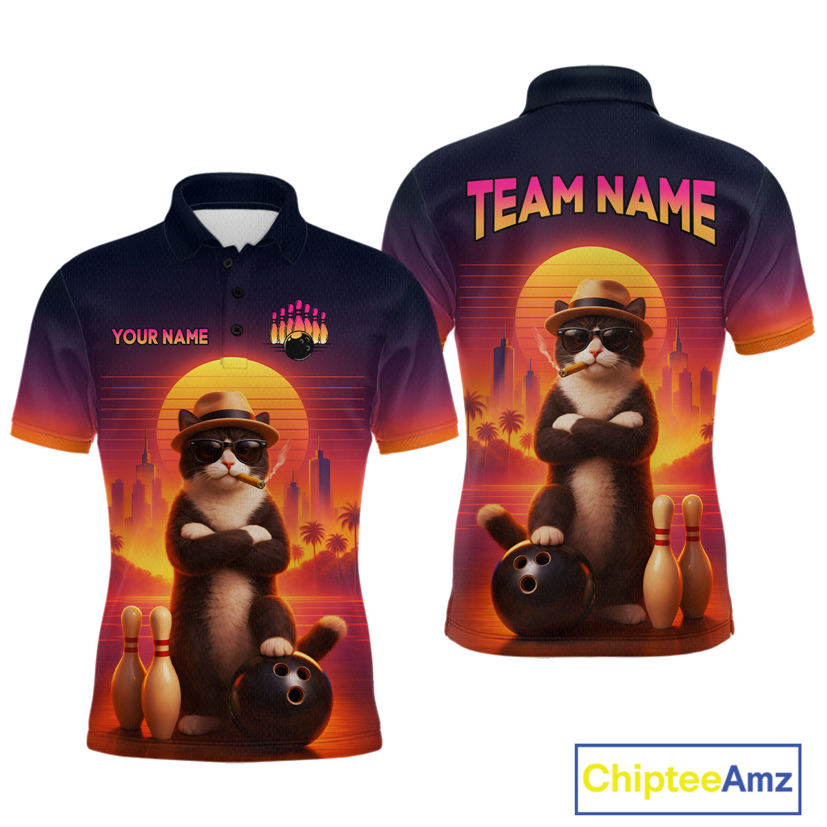 Custom Funny Cat Retro Bowling Jersey for Men Bowling Polo & 1/4 Zip Bowling Team Shirts HNT199