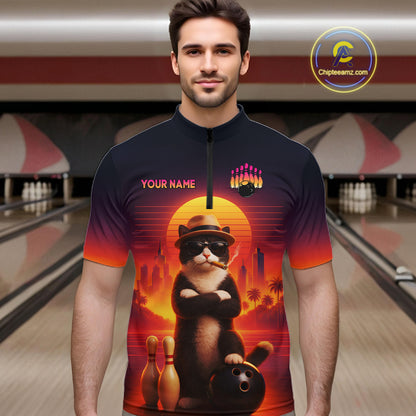 Custom Funny Cat Retro Bowling Jersey for Men Bowling Polo & 1/4 Zip Bowling Team Shirts HNT199