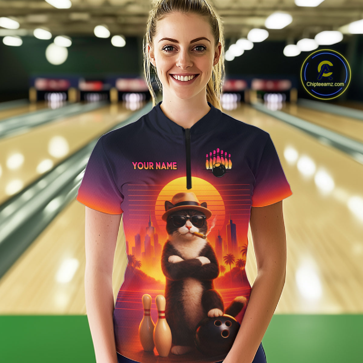 Custom Funny Cat Retro Bowling Jersey for Women Bowling Polo & 1/4 Zip Bowling Team Shirts HNT199