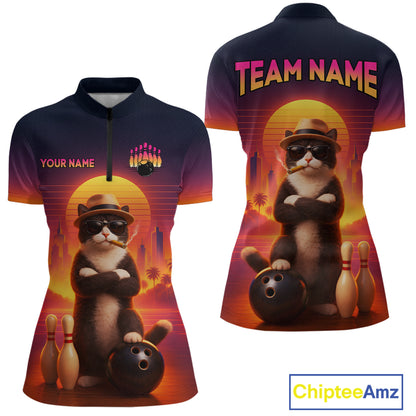 Custom Funny Cat Retro Bowling Jersey for Women Bowling Polo & 1/4 Zip Bowling Team Shirts HNT199