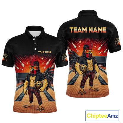 Custom funny rooster bowling jersey for men, personalized team bowling polo shirt front view and back view
