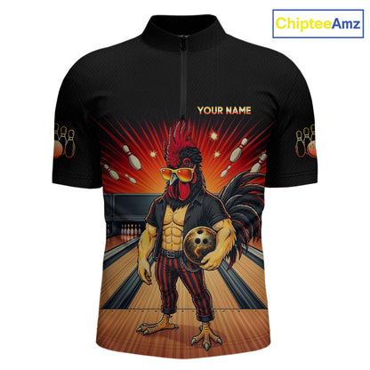 Custom funny rooster bowling jersey for men, personalized team bowling quarter zip shirt front view