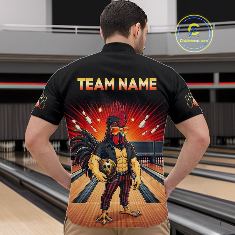 Men’s funny rooster bowling quarter zip shirt, back view on male model in bowling lane 