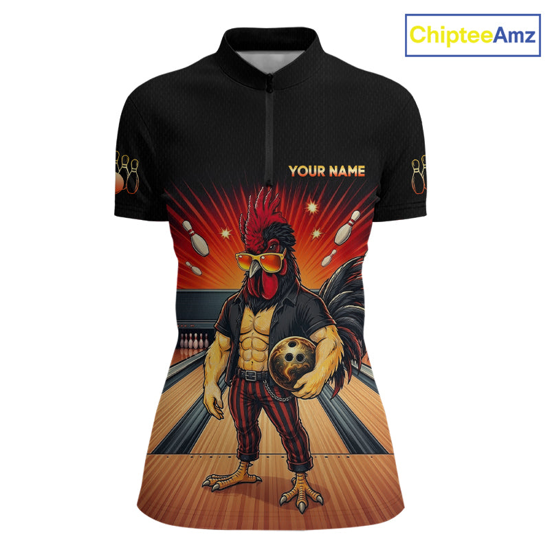 Custom funny rooster bowling jersey for women, personalized team bowling quarter zip shirt front view