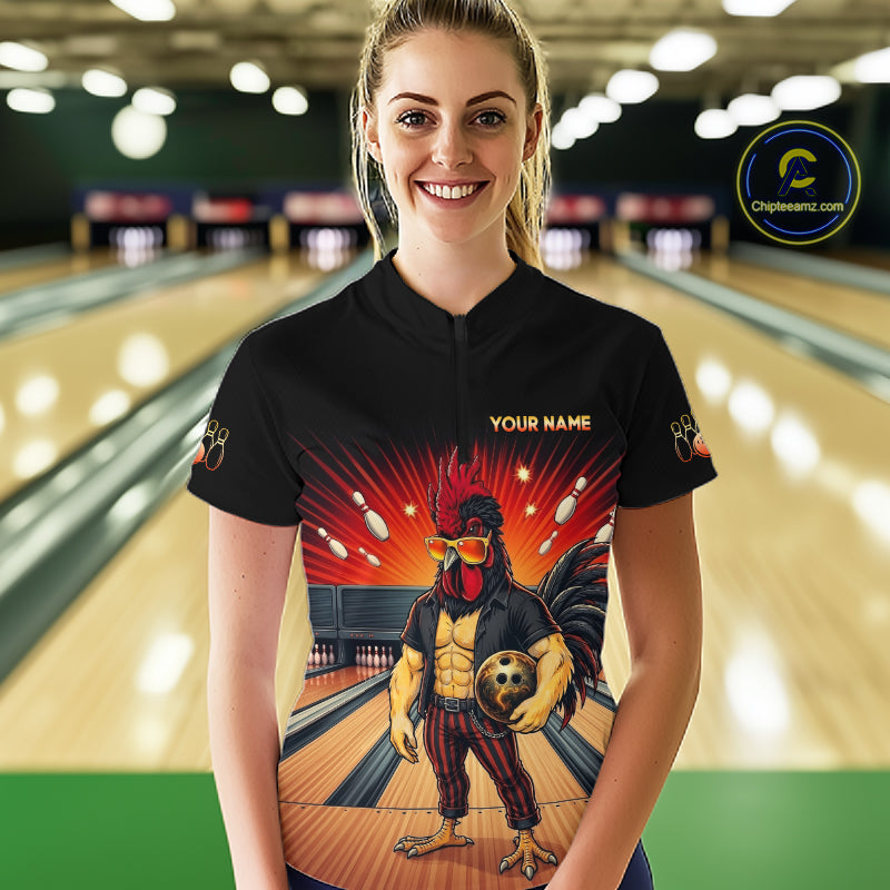 Women’s funny rooster bowling quarter zip shirt, front view on female model in bowling lane 