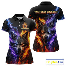Load image into Gallery viewer, Custom fire lightning wolf bowling jersey for women, personalized team bowling polo shirt front view and back view 