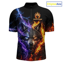 Load image into Gallery viewer, Custom fire lightning wolf bowling jersey for men, personalized team bowling quarter zip shirt front view